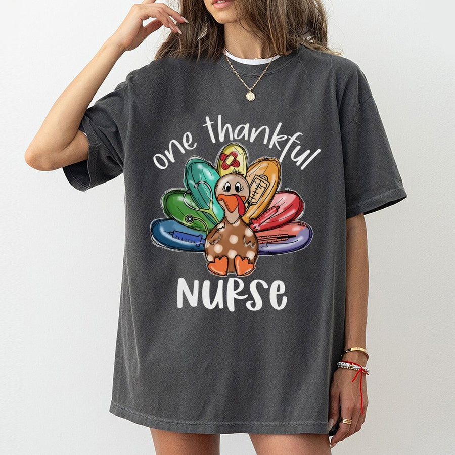 One Thankful Nurse T-Shirt | Thanksgiving Medical Turkey Graphic | 100% Cotton Premium Tee | Cute RN Nursing Student Fall Holiday Gift