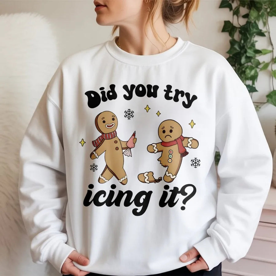 Funny Gingerbread Christmas Sweatshirt | Did You Try Icing It Physical Therapy Pun | Premium Cotton Blend | Gift for Physical Therapist & Trainer