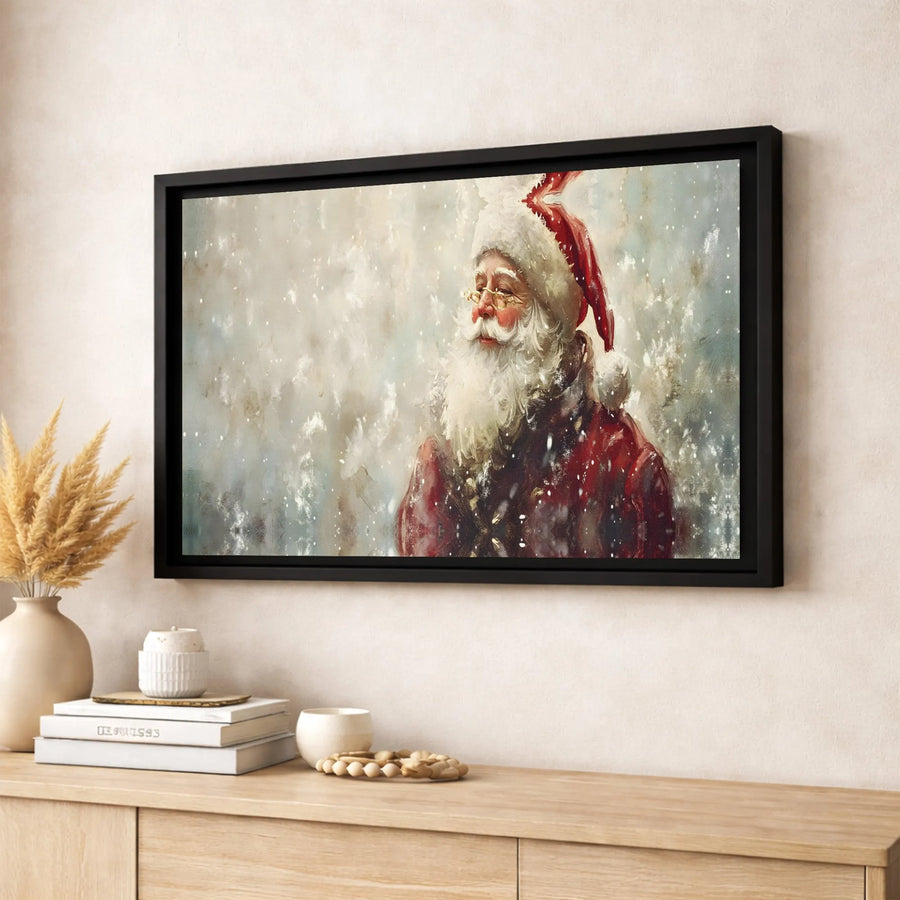 Vintage Santa Claus Wall Art | Snowy Portrait Oil Painting Style | Gallery Wrapped Canvas | Premium Christmas Holiday Home Decor