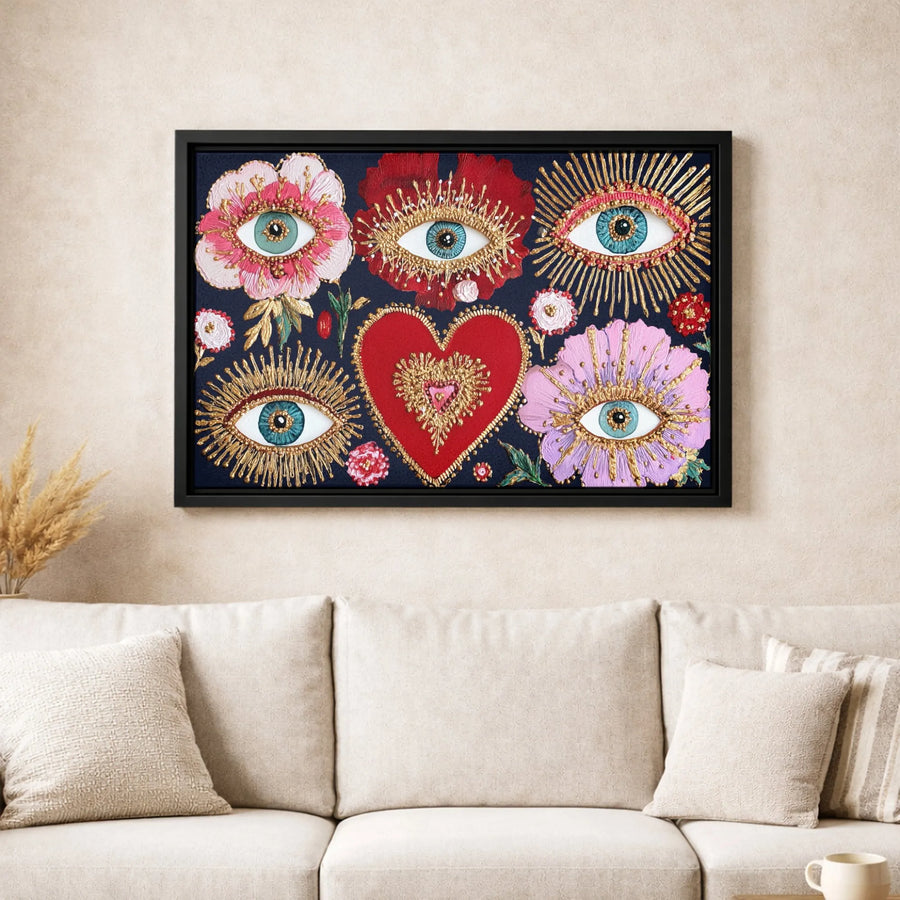 Boho Evil Eye Wall Art | Sacred Heart Floral Canvas Print | Textured Gold Aesthetic Decor | Spiritual Protection Gift for Home Gallery