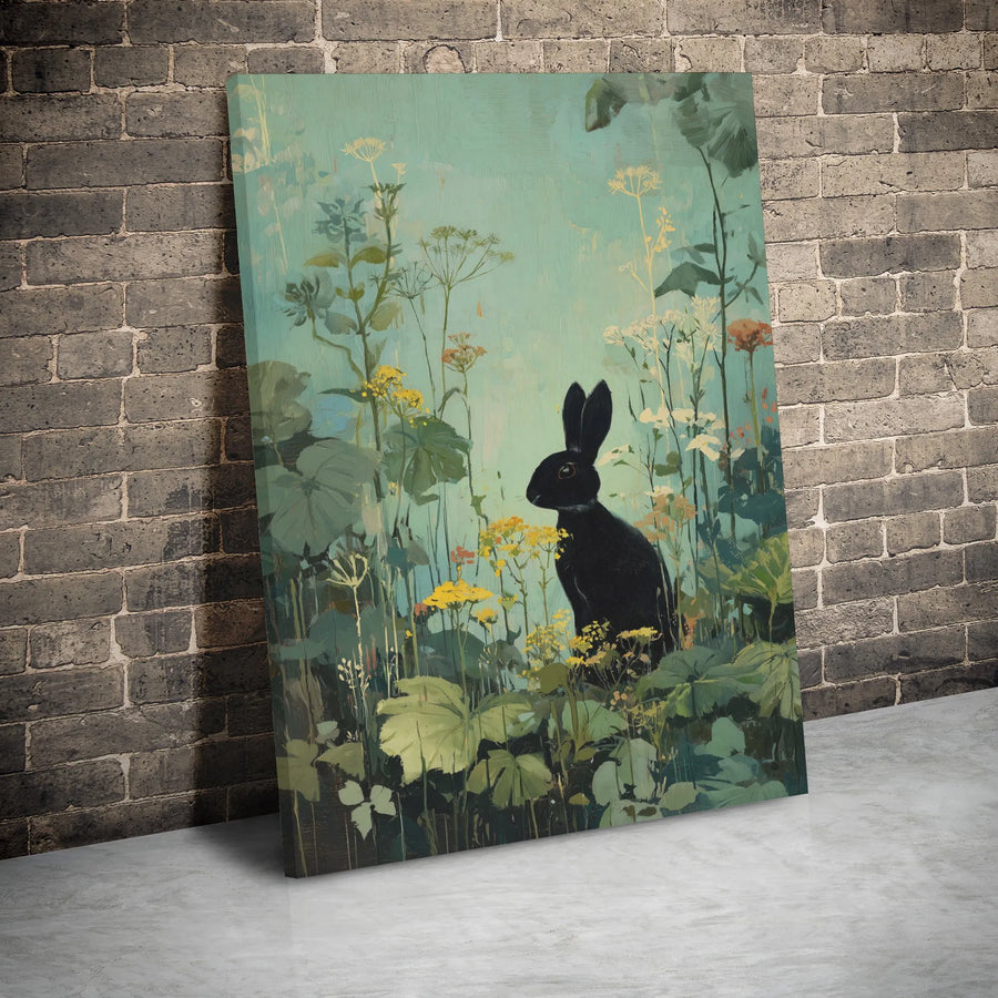 Black Rabbit Wall Art | Whimsical Meadow Wildflower Canvas Print | Premium Gallery Wrapped Decor | Nature Lover Home Gift