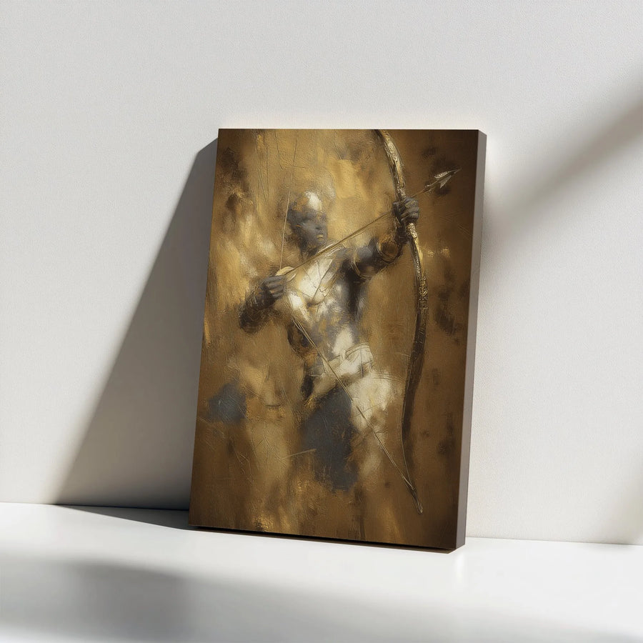 Golden Archer Canvas Wall Art | Abstract Gold Warrior Painting | Premium Textured Canvas Print | Man Cave & Office Decor Gift