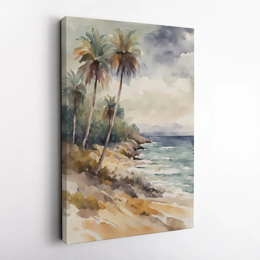 Tropical Beach Canvas Wall Art | Watercolor Palm Tree Seascape | Premium 1.25" Thick Gallery Wrap | Coastal Home Decor Gift