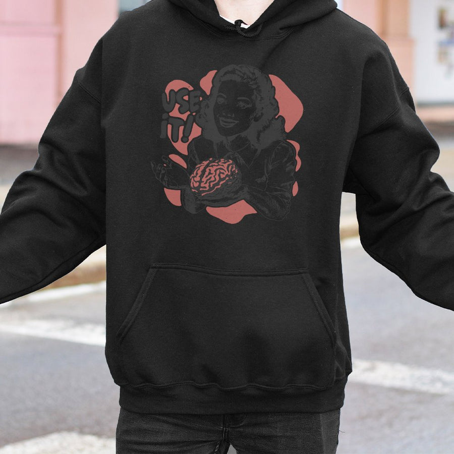 Use It Brain Hoodie | Retro 1950s Ad Parody Graphic | Premium Cotton Blend | Sarcastic Gift for Thinkers and Intellectuals