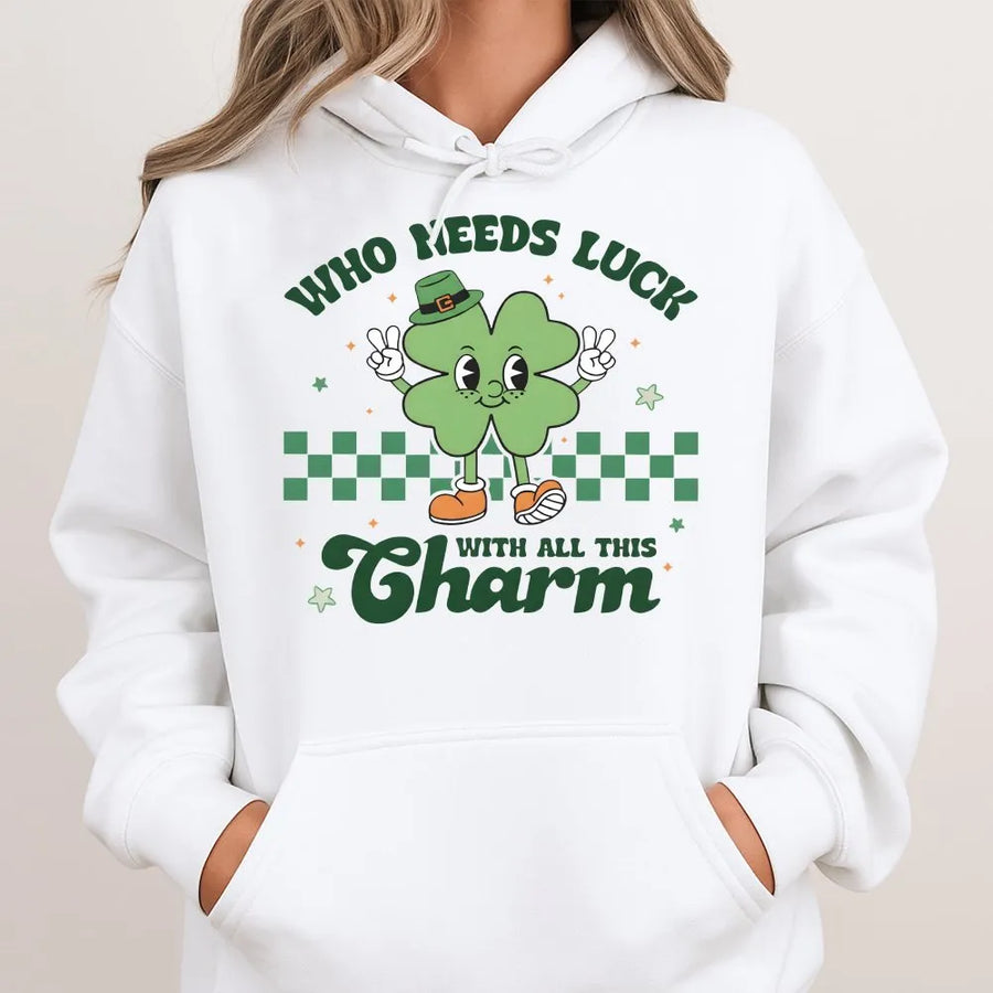 St Patricks Day Hoodie | Who Needs Luck With All This Charm Retro Clover Graphic | Premium Cotton Blend Pullover | Funny Irish Gift For Him Or Her