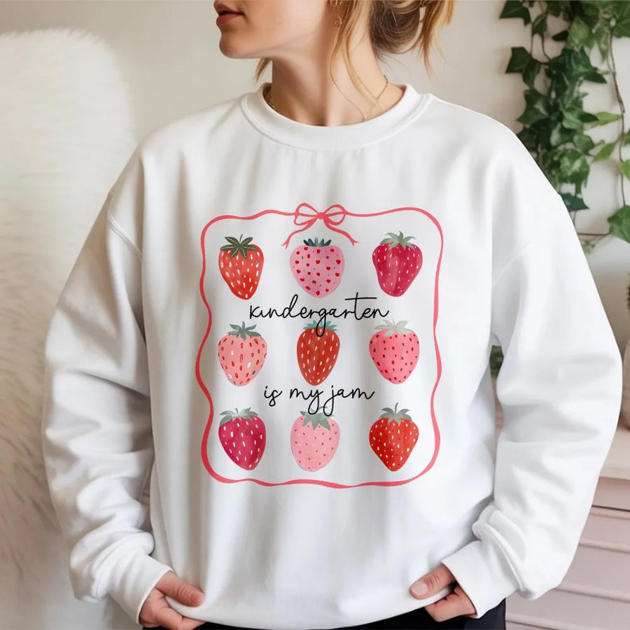 Kindergarten Is My Jam Sweatshirt | Cute Strawberry Teacher Graphic | Cotton Blend Premium Crewneck | Back To School Gift For Kindergarten Teacher