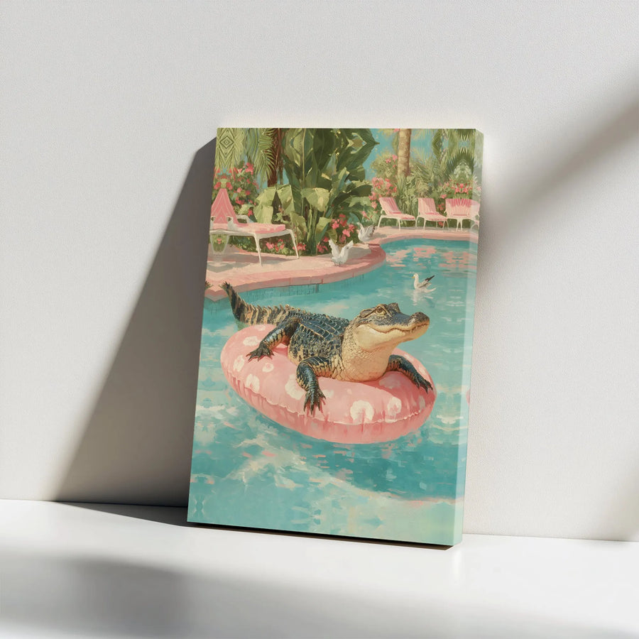 Alligator in Pool Canvas Wall Art | Surreal Retro Poolside Painting | Premium Gallery Wrap Canvas | Quirky Home Decor Gift