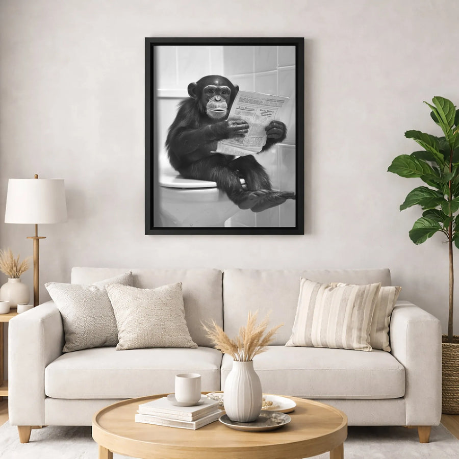 Funny Chimpanzee Toilet Poster | Reading Monkey Bathroom Wall Art | Premium Black And White Canvas | Unique Gag Gift For Bathroom Decor