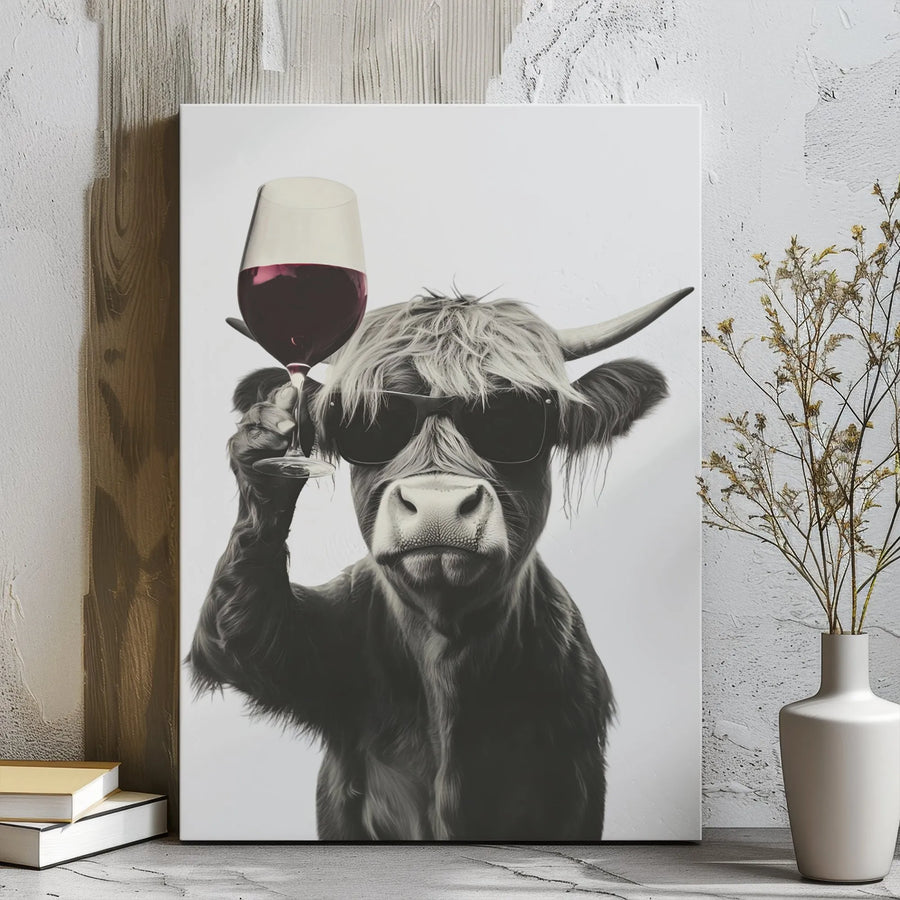 Highland Cow Canvas Wall Art | Funny Sunglasses Wine Drinking Print | Premium Gallery Wrap Decor | Farmhouse Kitchen Wall Decor Gift