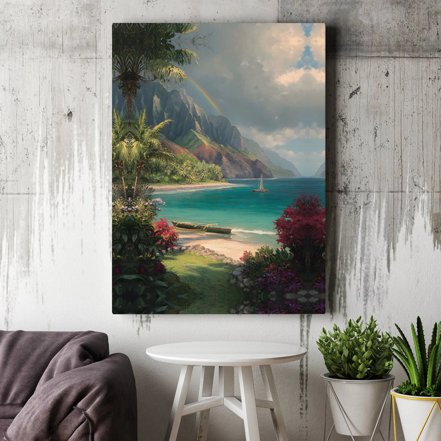 Tropical Hawaiian Coast Canvas Print | Rainbow Over Mountains Sailboat Landscape | Gallery Quality 1.25 Inch Wrap | Premium Island Home Decor Wall Art
