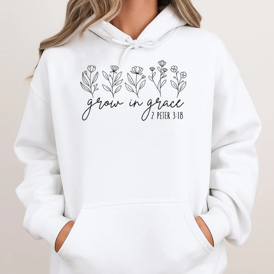 Grow In Grace Hoodie | Botanical Bible Verse Scripture Design | Premium Cotton-Blend Comfort | Christian Gift for Women and Men