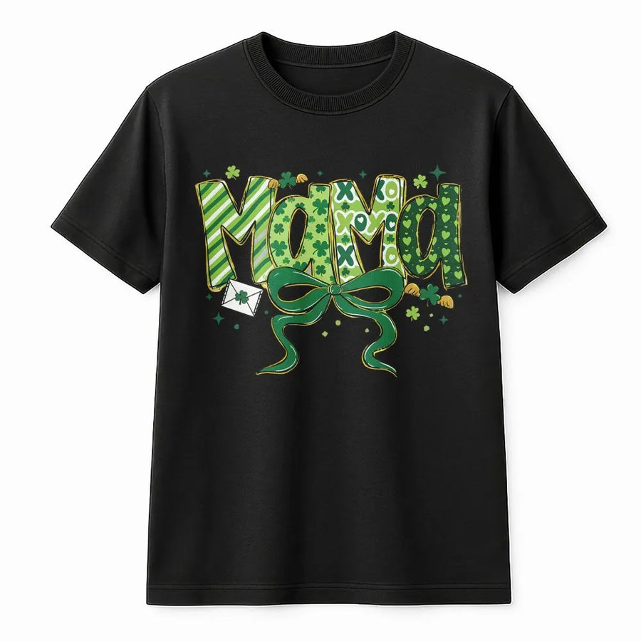 St. Patrick's Day Mama T-Shirt | Lucky Green Shamrock Bow Design | Soft 100% Cotton Premium Tee | Cute Irish Holiday Gift for Mom