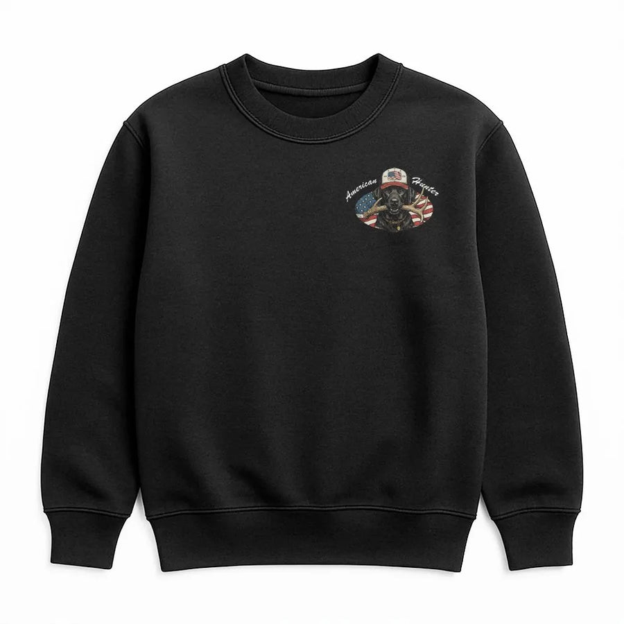 Patriotic Black Lab Sweatshirt | American Flag Hunting Dog with Antler | Premium Cotton-Blend | Gift for Hunter and Dog Lover