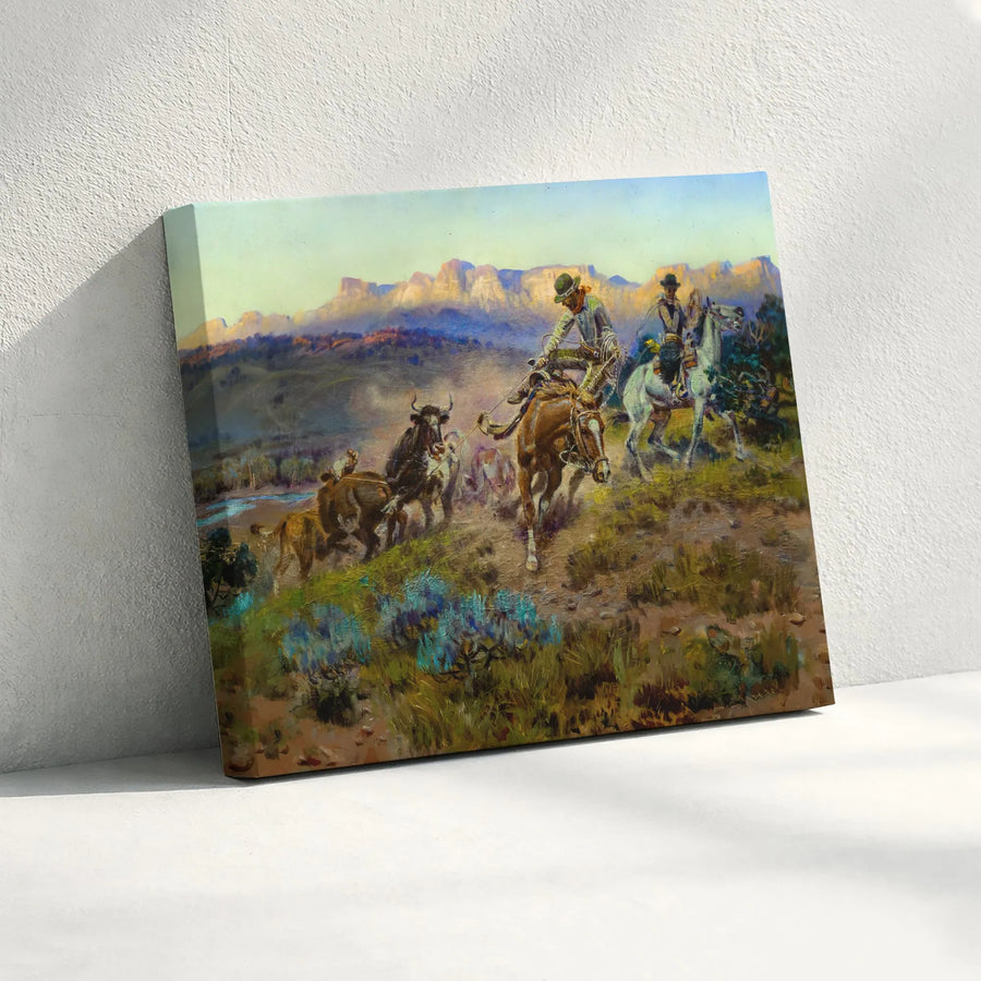 Western Cattle Drive Canvas Art | Vintage Cowboy Oil Painting Style | Premium 1.25" Gallery Wrap | Rustic Home & Office Wall Decor Gift