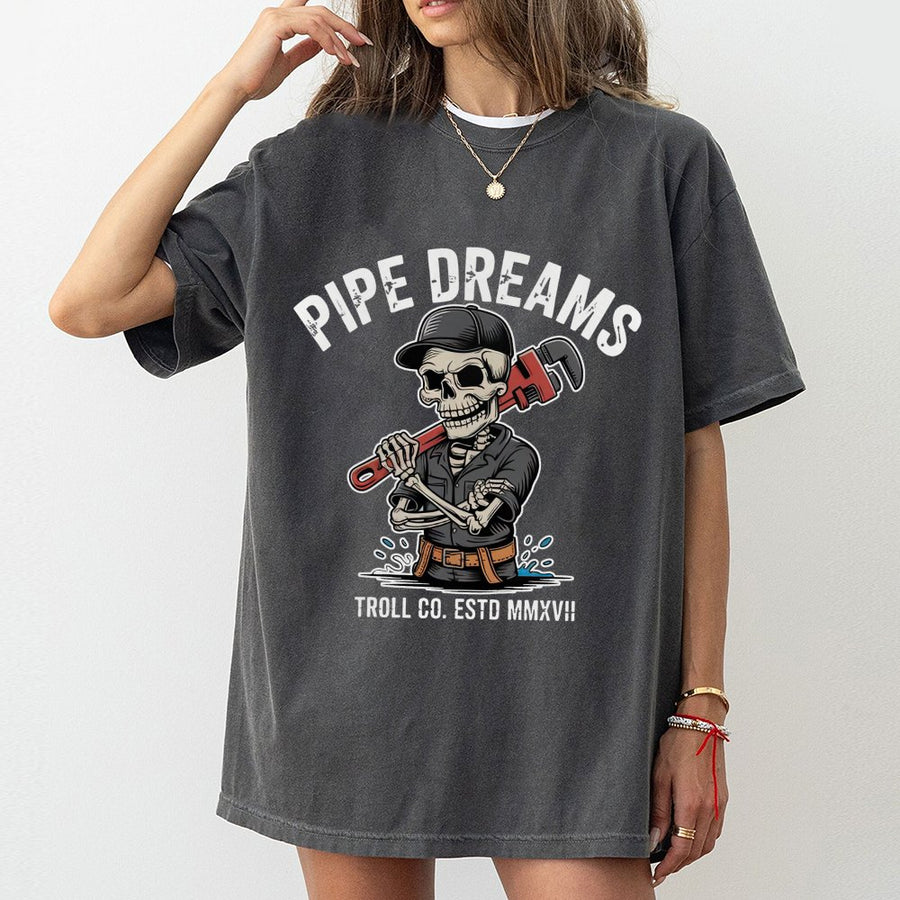 Pipe Dreams Plumber T-Shirt | Skeleton Tradesman Graphic Tee | 100% Premium Cotton | Funny Gift For Plumbers and Handymen