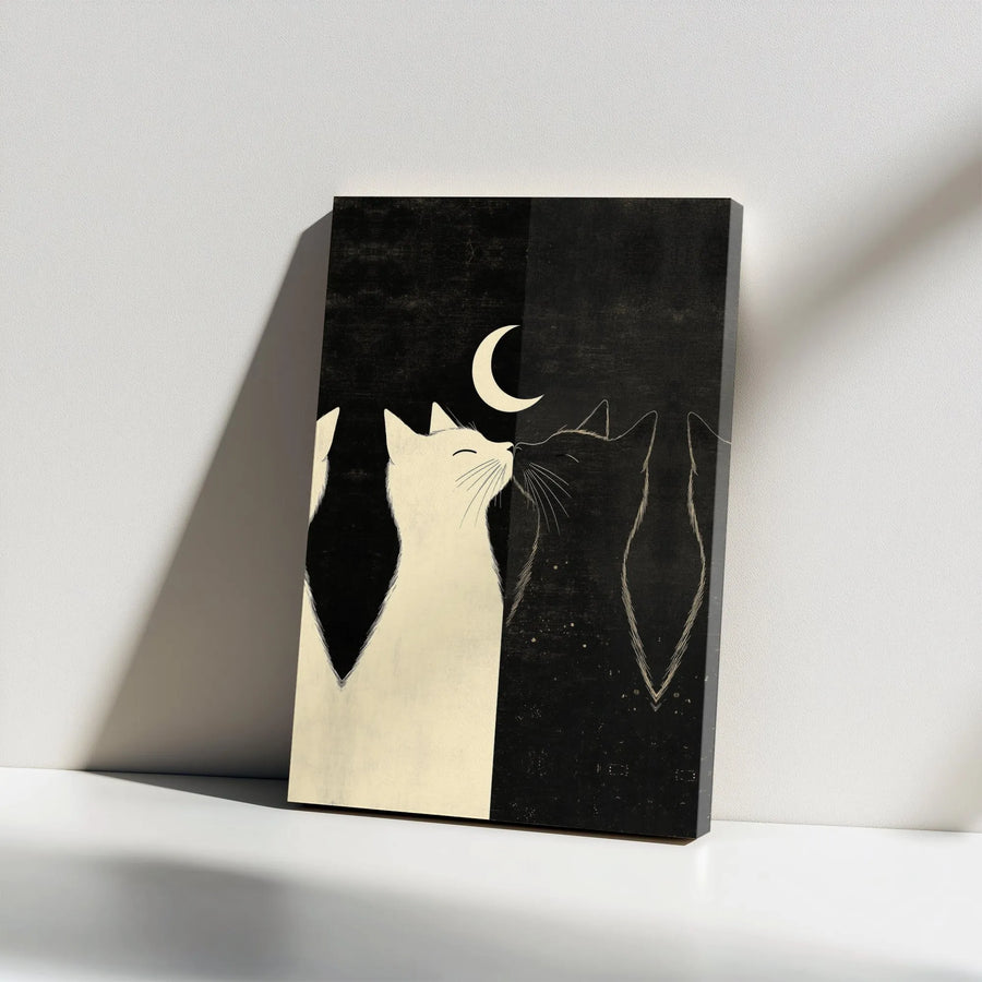 Black and White Cats Canvas Wall Art | Yin Yang Kissing Cats Moon Art | Premium Thick Gallery Canvas | Collector's Gift for Cat Lovers