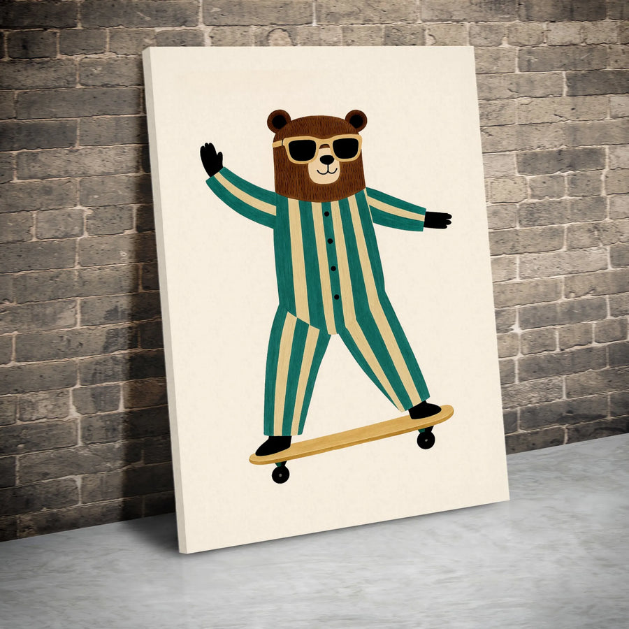 Skateboarding Bear Wall Art | Cool Bear in Pajamas Graphic Print | Premium 1.25-Inch Gallery Canvas | Nursery Decor or Kids Room Gift