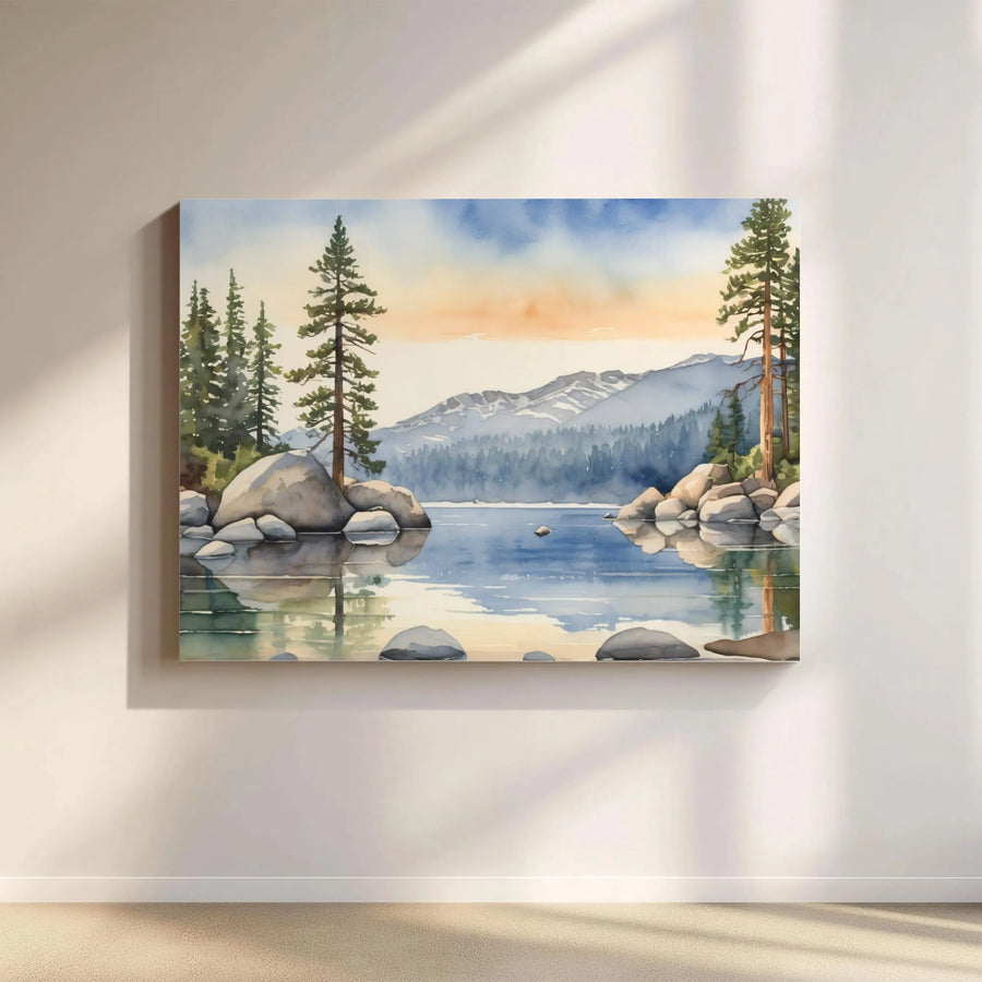 Mountain Lake Canvas Wall Art | Watercolor Pine Forest Landscape | Premium Fade-Resistant Print | Nature Lover Gift for Living Room & Cabin Decor