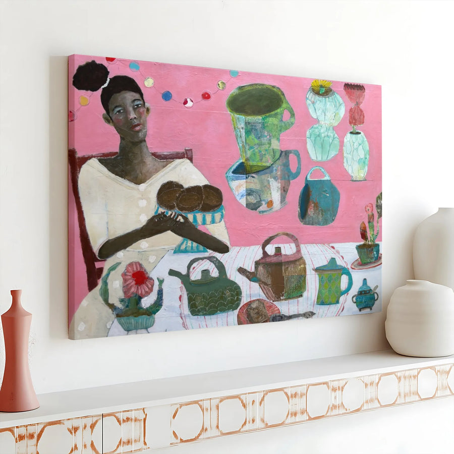 Modern Black Art Canvas Print | Figurative Painting of Woman at Tea Party | Gallery Wrapped Thick Canvas | Living Room & Kitchen Wall Decor