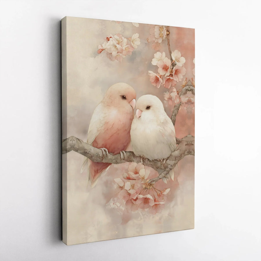 Watercolor Lovebirds Canvas Print | Romantic Cherry Blossom Wall Art | Premium Gallery Wrap | Floral Decor Gift for Bird Lovers