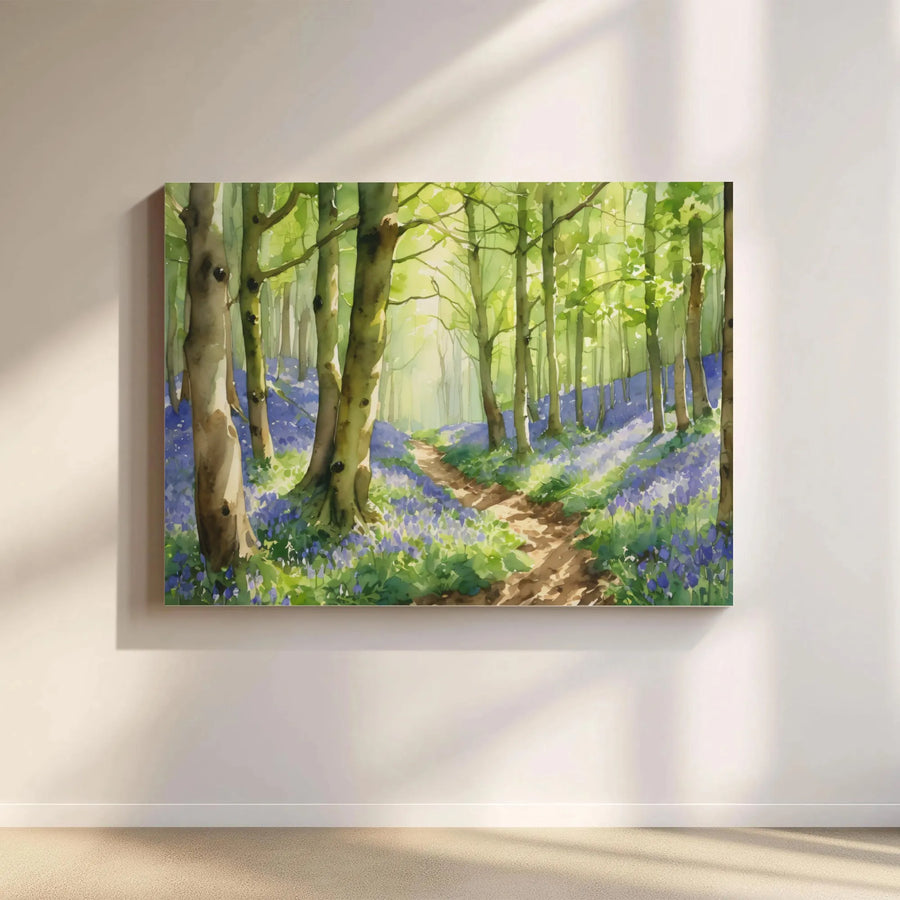 Bluebell Forest Canvas Print | Serene Woodland Path Watercolor Wall Art | Premium 1.25" Thick Gallery Wrap | Calming Nature Decor Gift for Living Room