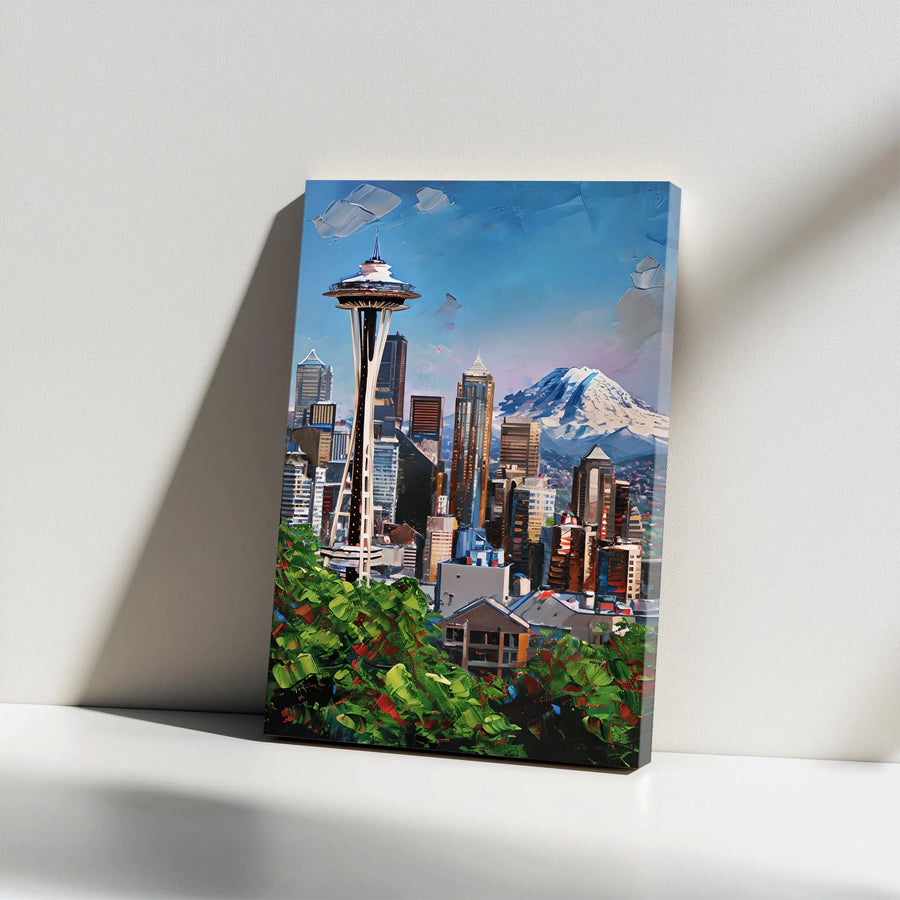 Seattle Skyline Vertical Canvas | Textured Palette Knife Art with Space Needle & Mt Rainier | Premium Gallery Wrap Canvas | Washington Home Decor Gift