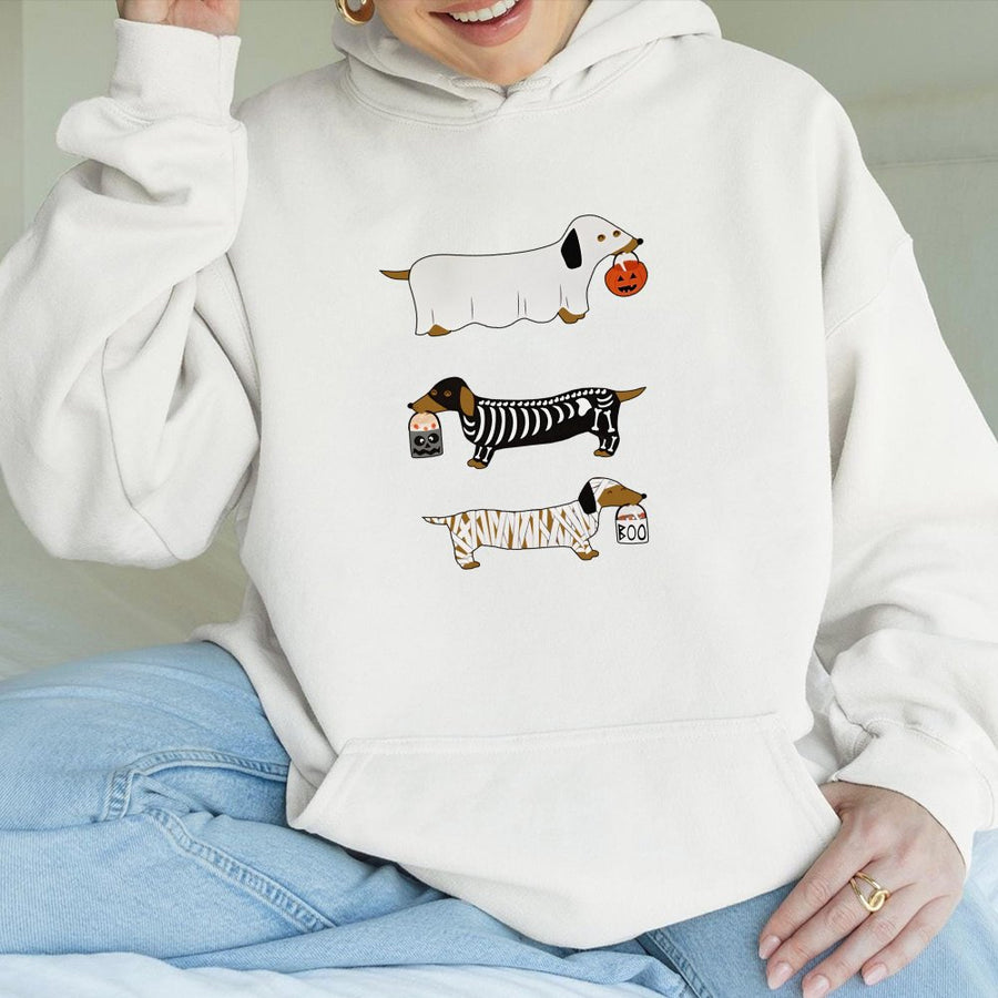 Dachshund Halloween Hoodie | Cute Wiener Dog Ghost Skeleton Mummy Costume | Soft Cotton-Blend Pullover | Funny Dog Lover Gift for Her