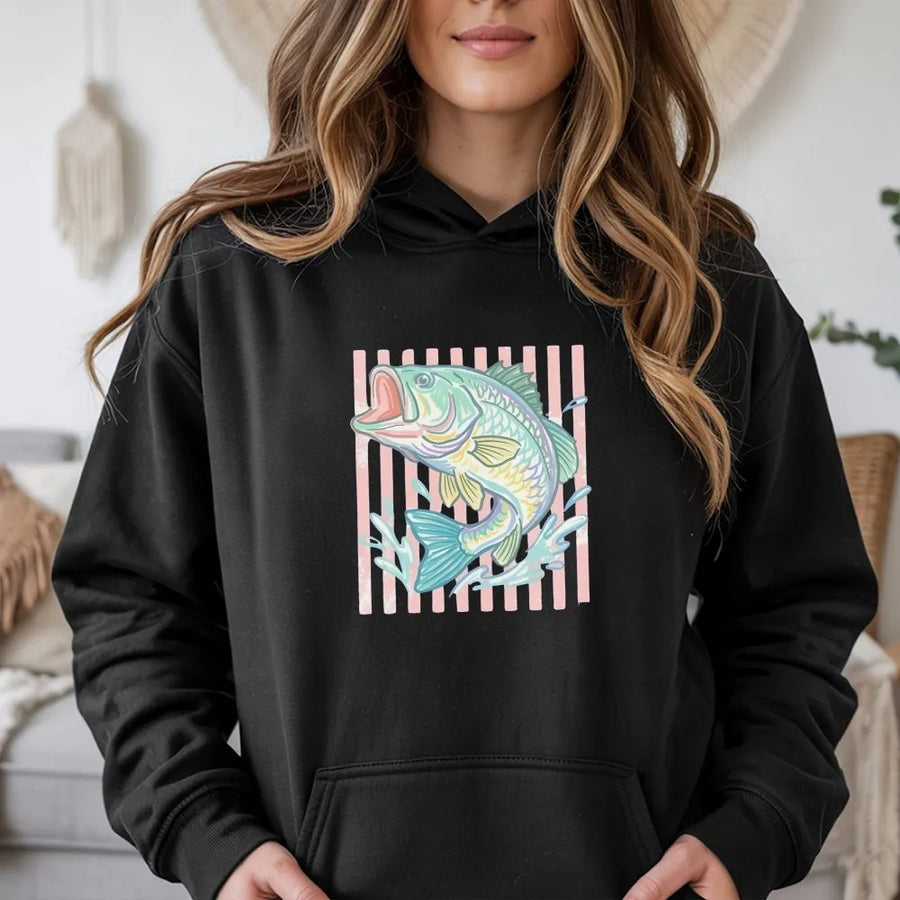 Retro Bass Fishing Hoodie | Pastel Fish Graphic with Coastal Aesthetic | Soft Cotton Blend Crewneck | Gift for Angler