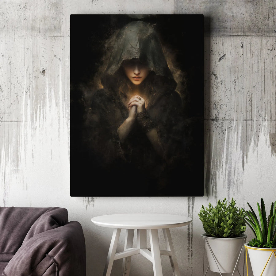 Dark Fantasy Hooded Mystic Canvas Art | Glowing Praying Hands Gothic Portrait | Premium Gallery-Wrapped Wall Decor | Occult Wall Art Gift