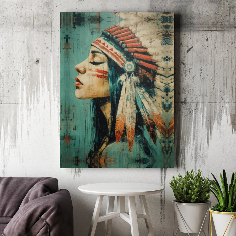 Native American Woman Wall Art | Abstract Feather Headdress Portrait | Premium Gallery Wrapped Canvas | Cultural Home Decor Gift