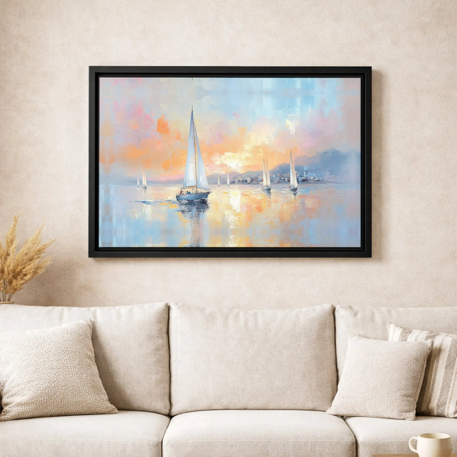 Sailboat Sunset Canvas Wall Art | Impressionist Seascape Painting | Premium Gallery Wrap Print | Coastal Home Decor Gift
