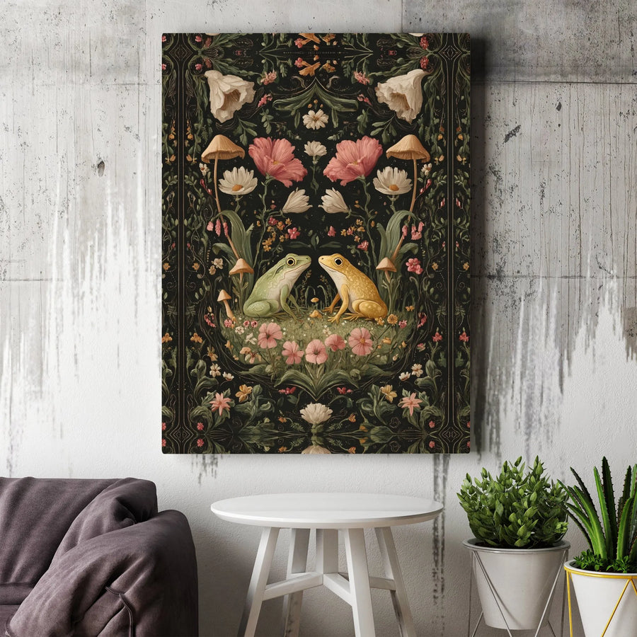 Vintage Frog Canvas Wall Art | Dark Botanical Mushroom Illustration | Premium Gallery Print | Cottagecore Decor Gift for Frog Lover
