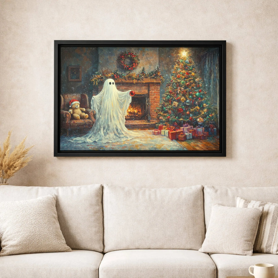 Ghost Decorating Christmas Tree Canvas | Spooky Cute Holiday Fireplace Scene | Premium 1.25 Inch Gallery Wrap | Whimsical Winter Wall Art Gift