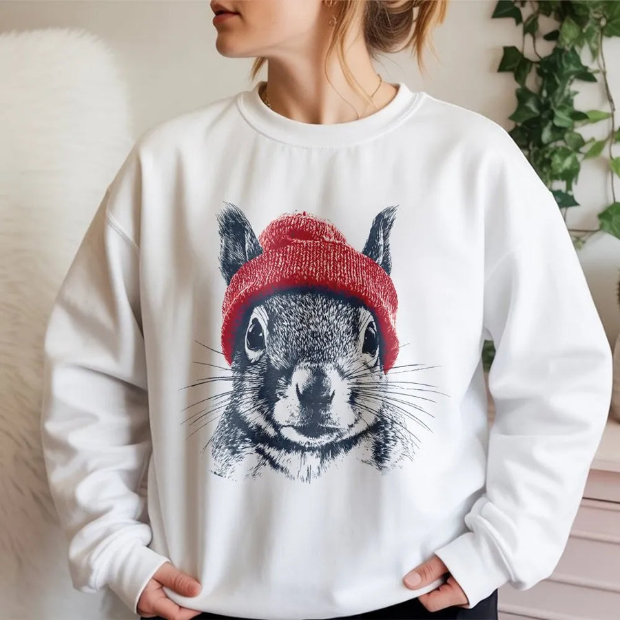 Squirrel Sweatshirt | Hipster Animal in Red Beanie Graphic | Premium Cotton Blend | Funny Wildlife Lover Gift for Men and Women