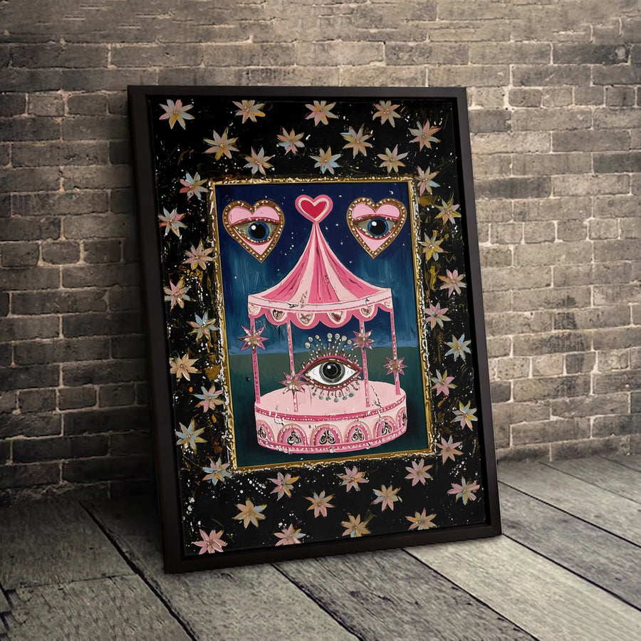 Surreal Carousel Canvas Art | Gothic Whimsical Pink Wall Decor | Premium Gallery Wrap Print | Unique Gift for Art Lovers