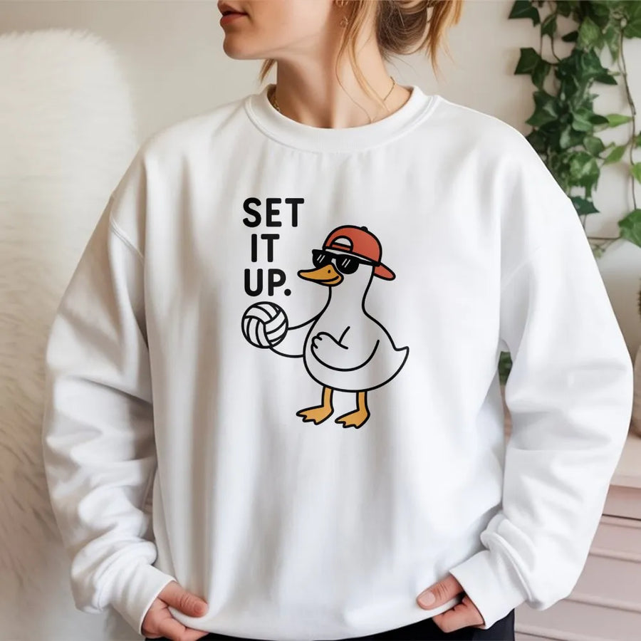 Volleyball Sweatshirt | Funny Duck Playing Volleyball Graphic | Premium Cotton Blend | Gift For Volleyball Player Coach Team Shirt
