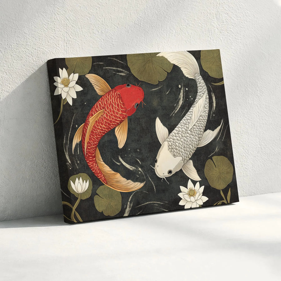 Yin Yang Koi Fish Canvas Art | Japanese Style Red and White Fish Print | Premium Gallery Wrap | Zen Home Decor Gift