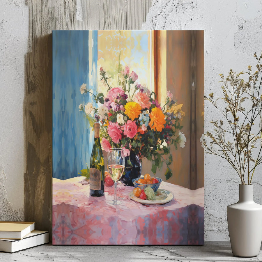Floral Still Life Canvas Print | Impressionist Wine & Bouquet Wall Art | Premium Gallery Wrapped Decor | Sophisticated Gift for Wine Lovers