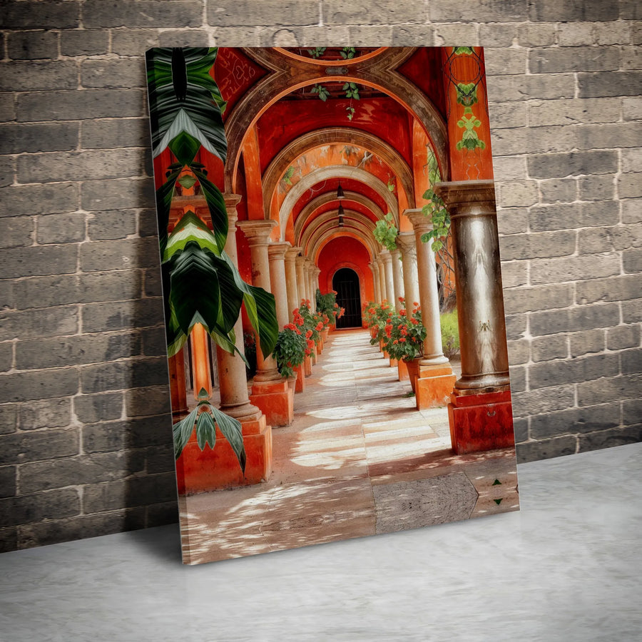 Mediterranean Architecture Canvas Wall Art | Orange Arched Colonnade with Potted Plants | Premium Gallery Wrapped Print | Tuscan Home Decor Gift