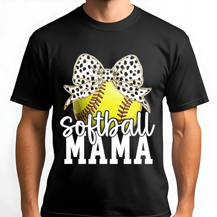 Softball Mama T-Shirt | Retro Coquette Bow Graphic | 100% Cotton Premium Tee | Gift for Softball Mom Game Day Apparel