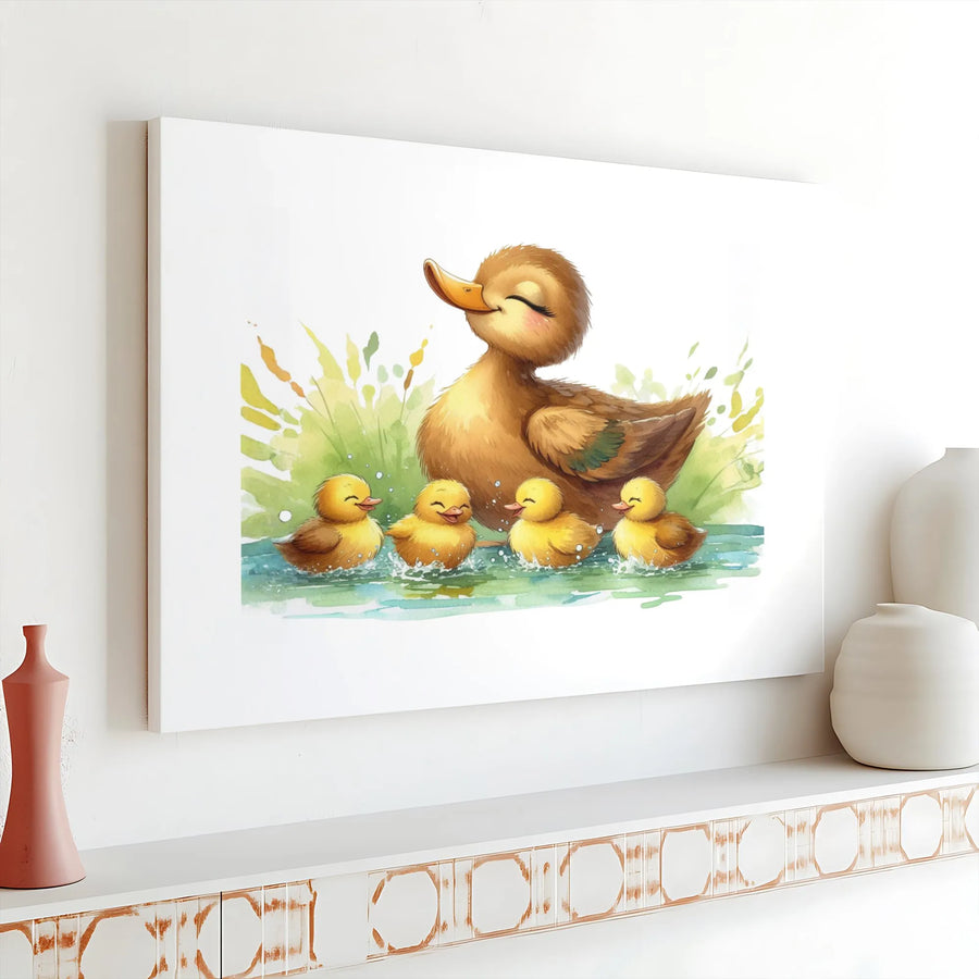 Duck Family Canvas Wall Art | Watercolor Mama Duck and Ducklings Print | Premium Gallery Quality Canvas | Nursery Decor Gift for Kids Room