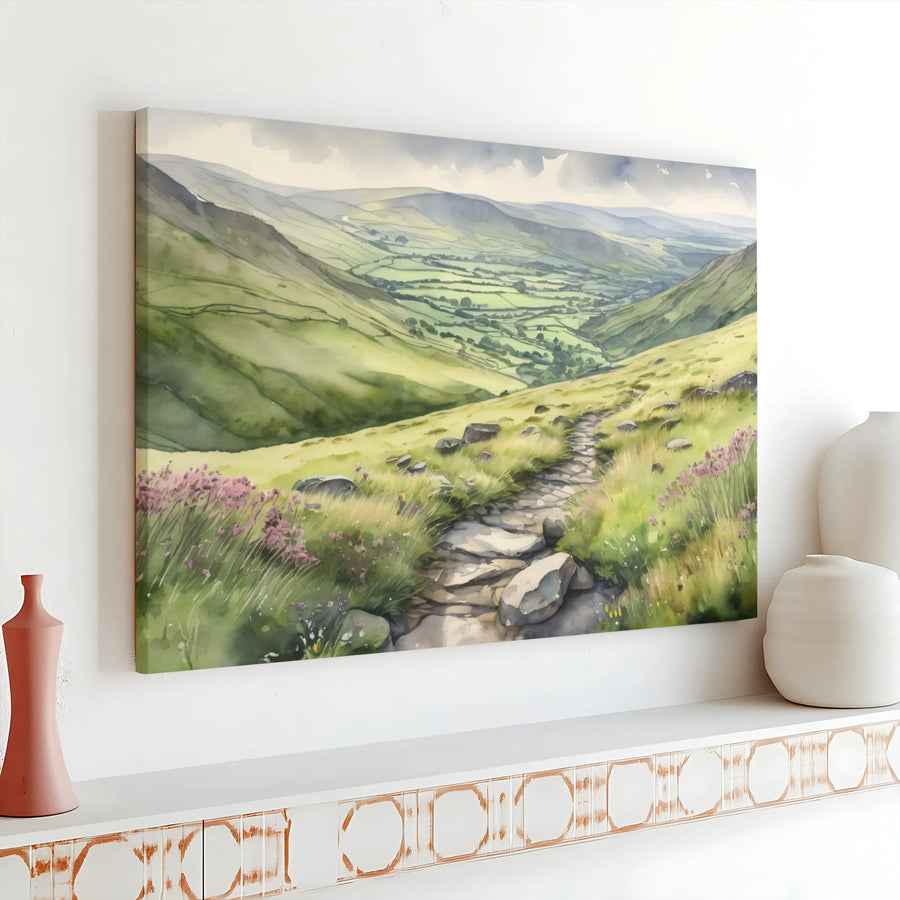 Green Valley Landscape Canvas Print | Watercolor Hiking Trail Wall Art | Premium Gallery Wrap | Nature Lover Home Decor Gift