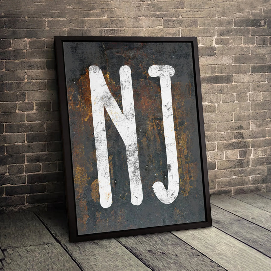 New Jersey State Abbreviation Canvas Art | Rustic Industrial NJ Typography | Premium Gallery-Wrapped Print | Home Office Wall Decor Gift