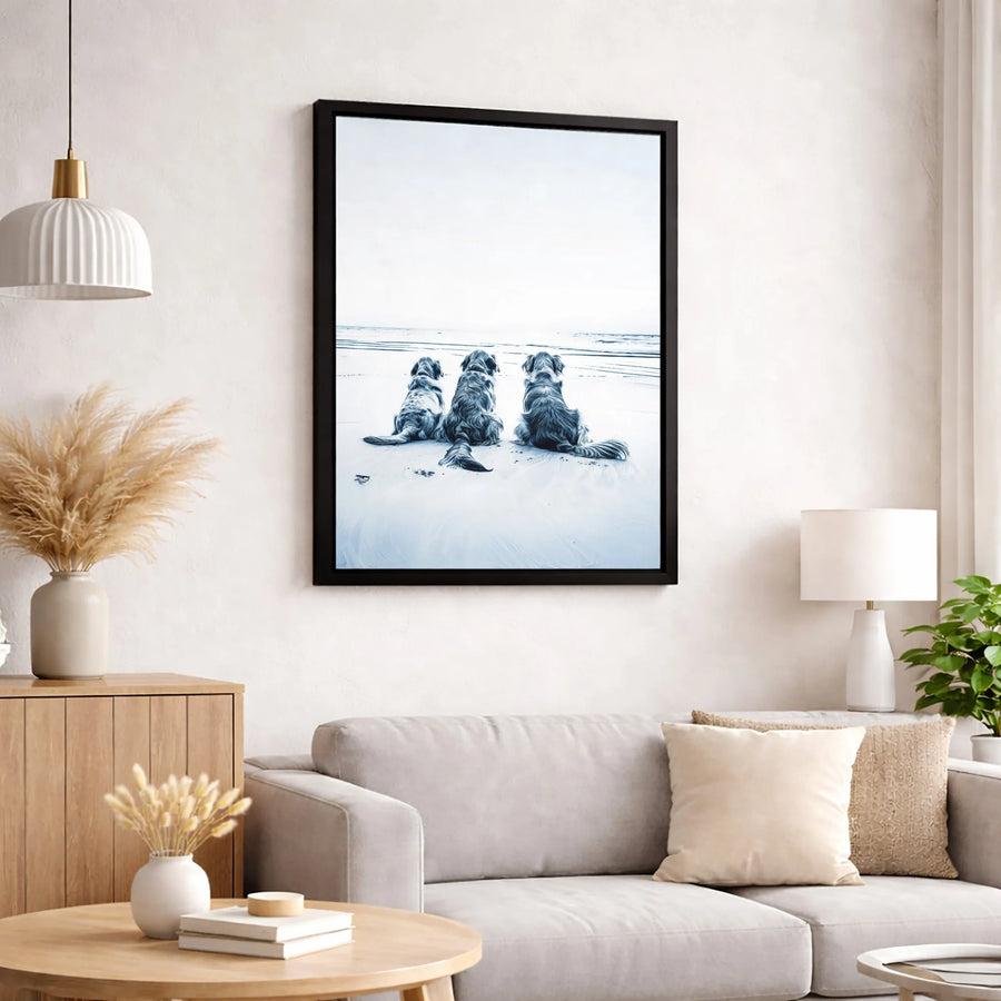 Three Golden Retriever Dogs Wall Art | Coastal Beach Scene Sketch | Premium 1.25" Gallery Canvas | Gift for Dog Lovers and Pet Owners