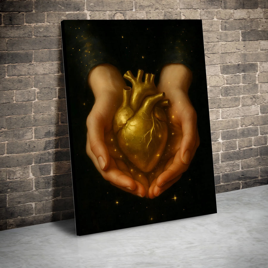 Golden Anatomical Heart Canvas Wall Art | Surreal Celestial Hands Illustration | Premium Gallery Wrapped Print | Spiritual Home Decor Gift