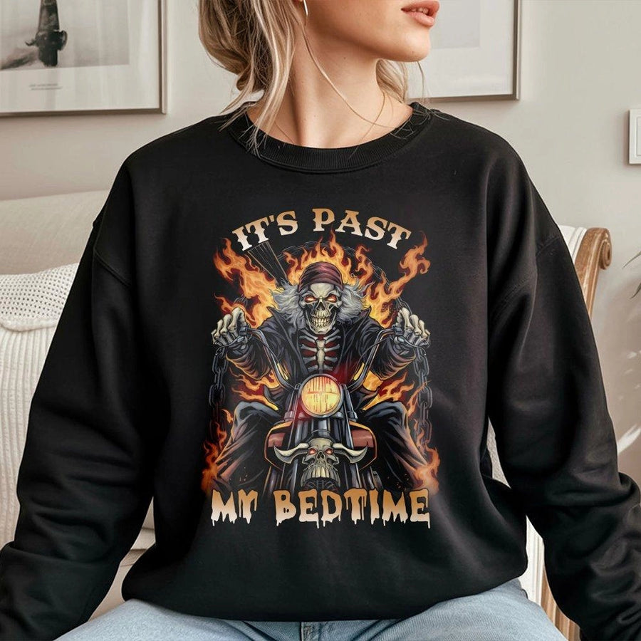 It's Past My Bedtime Biker Sweatshirt | Flaming Skeleton Graphic Design | Cotton-Poly Premium Blend | Edgy Gift For Motorcycle Lovers