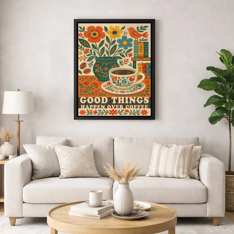 Good Things Happen Over Coffee Canvas Art | Bohemian Folk Art Floral Print | Premium Gallery Wrapped Wall Decor | Kitchen & Coffee Bar Gift
