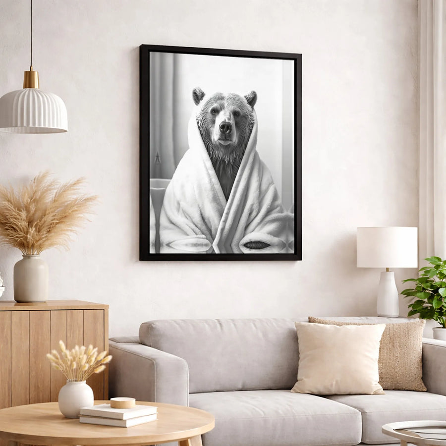 Grizzly Bear Bathrobe Canvas Wall Art | Funny Animal Bathroom Portrait | Premium Gallery Wrapped Print | Modern Minimalist Home Decor Gift
