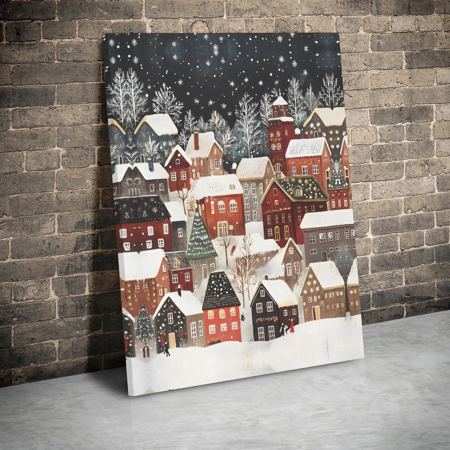 Snowy Christmas Village Canvas Wall Art | Winter Wonderland Festive Town Scenery | Gallery Wrap Premium Print | Cozy Holiday Home Decor Gift