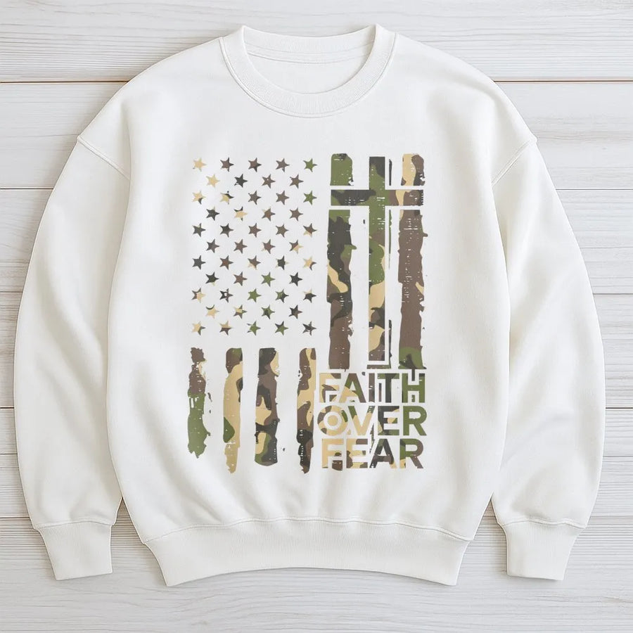 Faith Over Fear Sweatshirt | Camo American Flag Cross Graphic | Premium Cotton Blend | Inspirational Christian Patriotic Gift for Men Women
